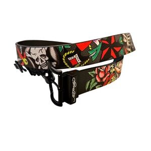Ed Hardy Reversible Belt 36 Tattoo Graphic Skull Rose Mermaid Blk Leather Buckle